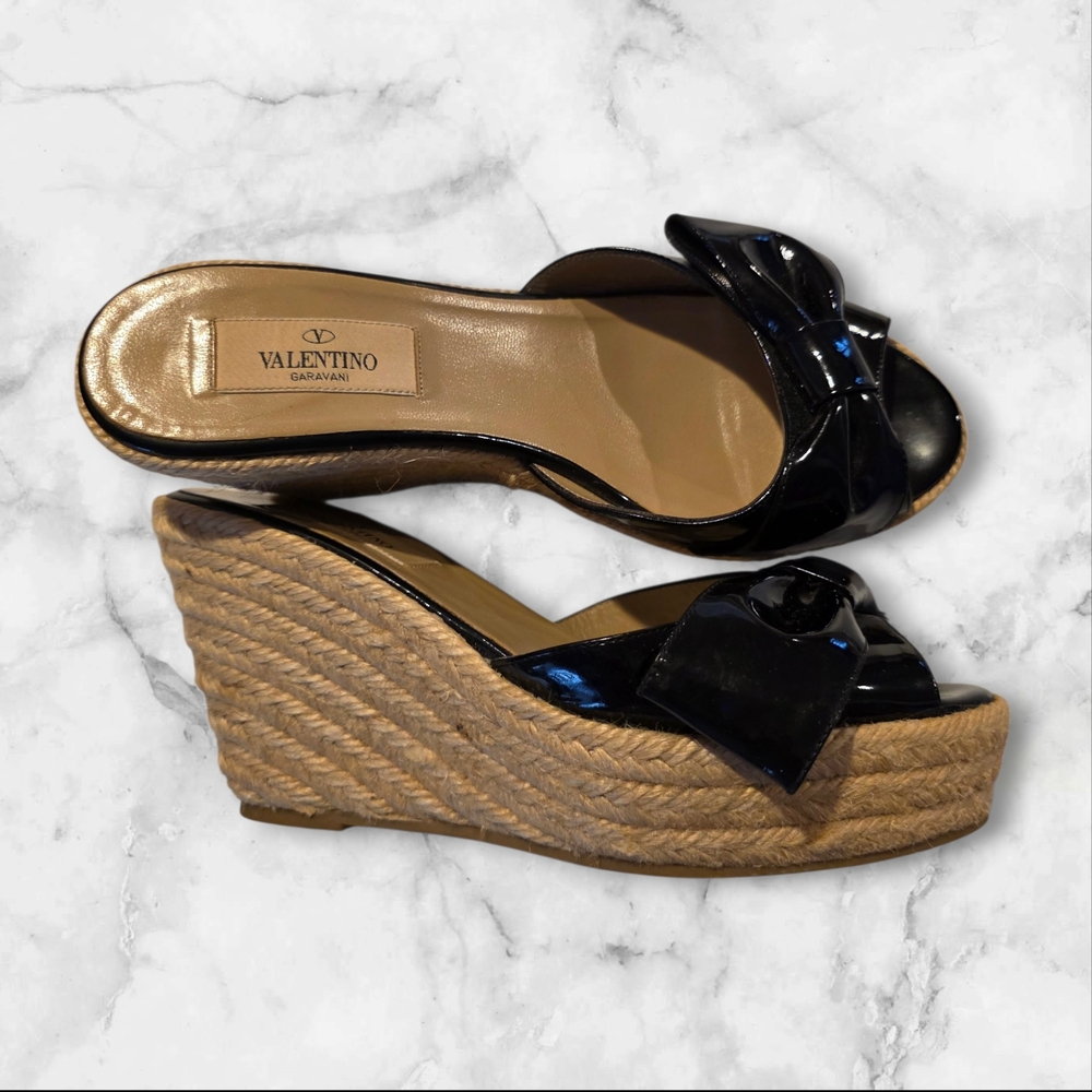 Valentino Garavani Black Patent Wedge Sandals
